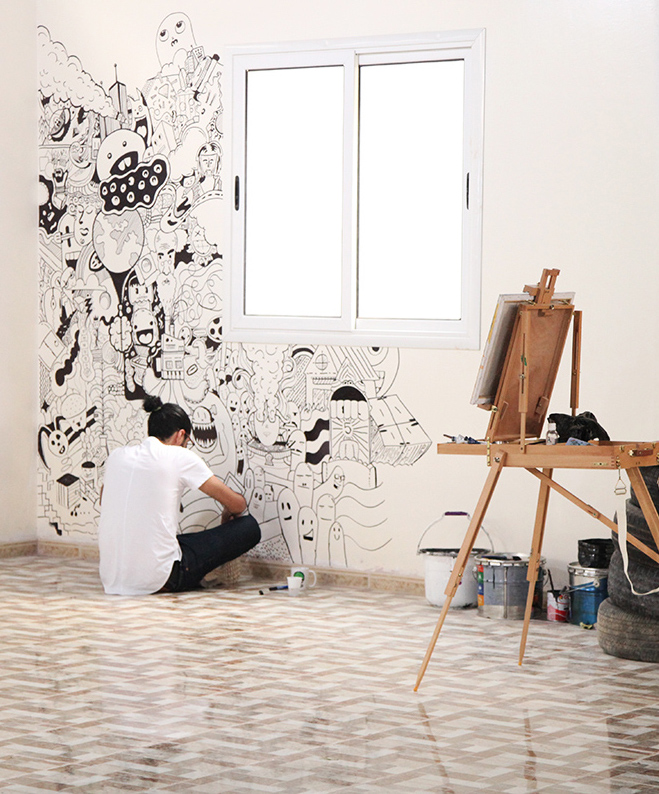 Khaled Bader at his painting space